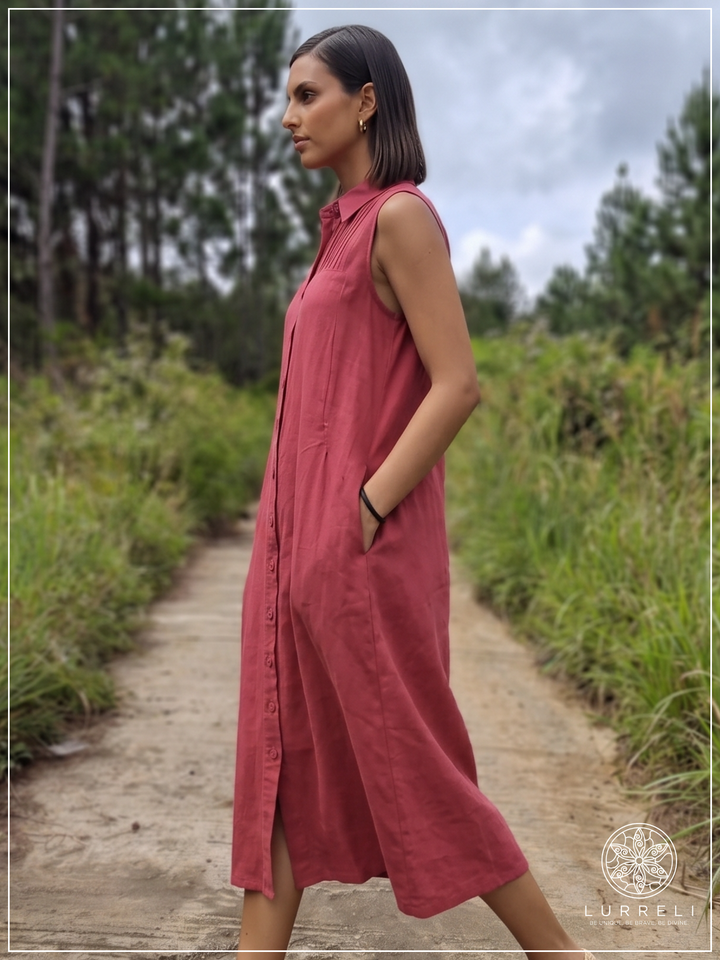 Casual Linen Button-Down Midi Dress