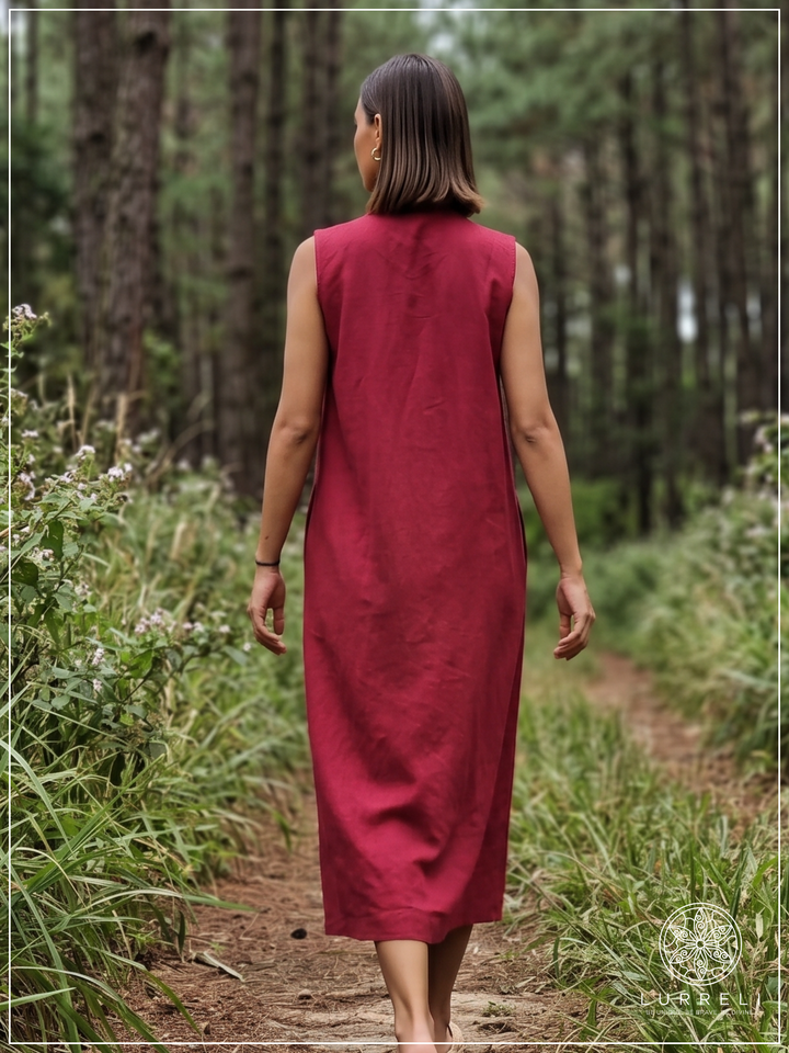 Casual Linen Button-Down Midi Dress