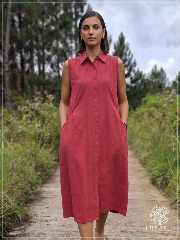 Casual Linen Button-Down Midi Dress