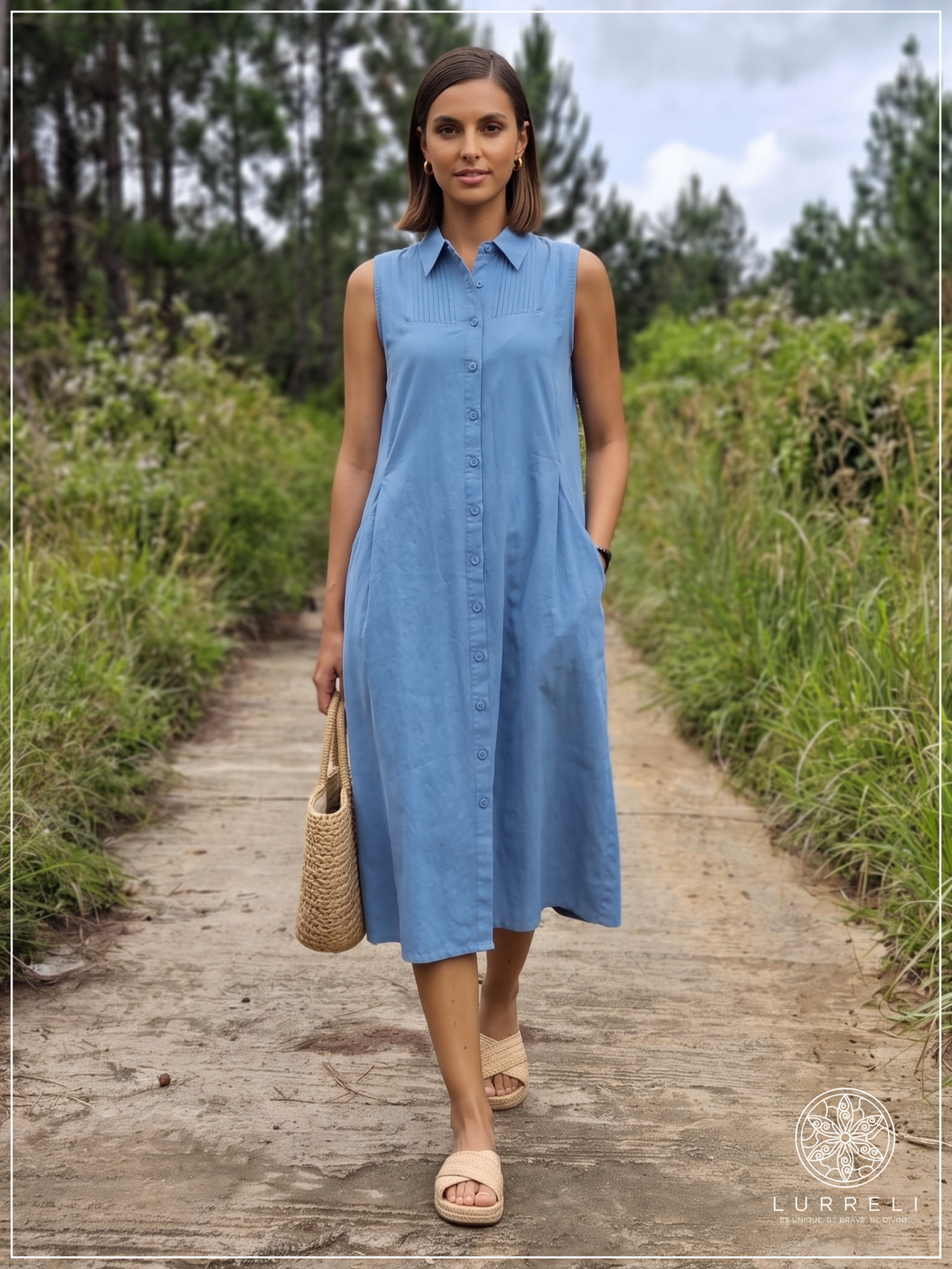 Casual Linen Button-Down Midi Dress