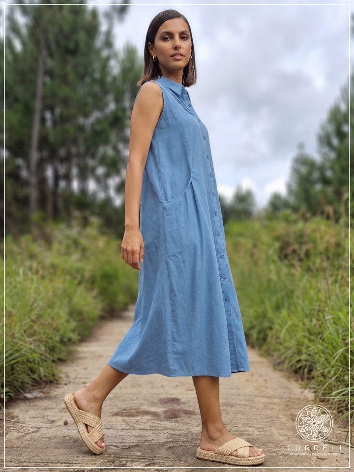Casual Linen Button-Down Midi Dress