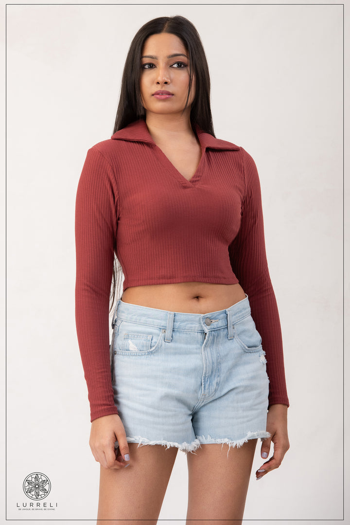 Long Sleeve Turn Down Collar Crop Top