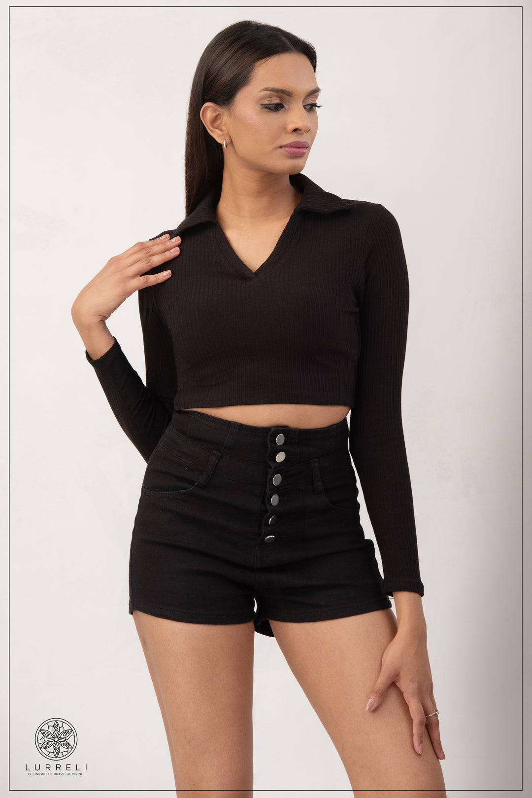 Long Sleeve Turn Down Collar Crop Top