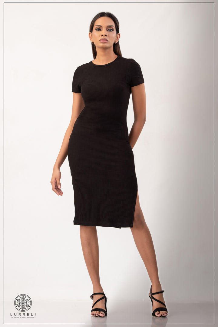 Run Neck Rib Midi Dress