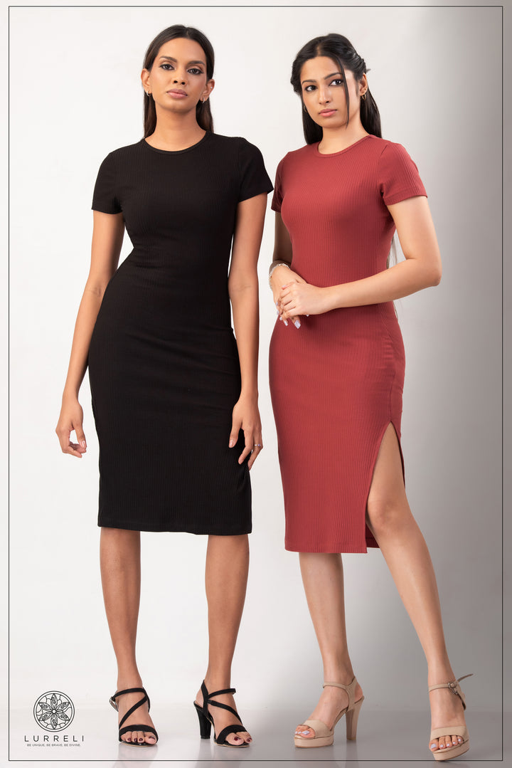 Run Neck Rib Midi Dress