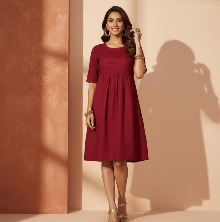 Pleated Detail Mid Sleeve Dress