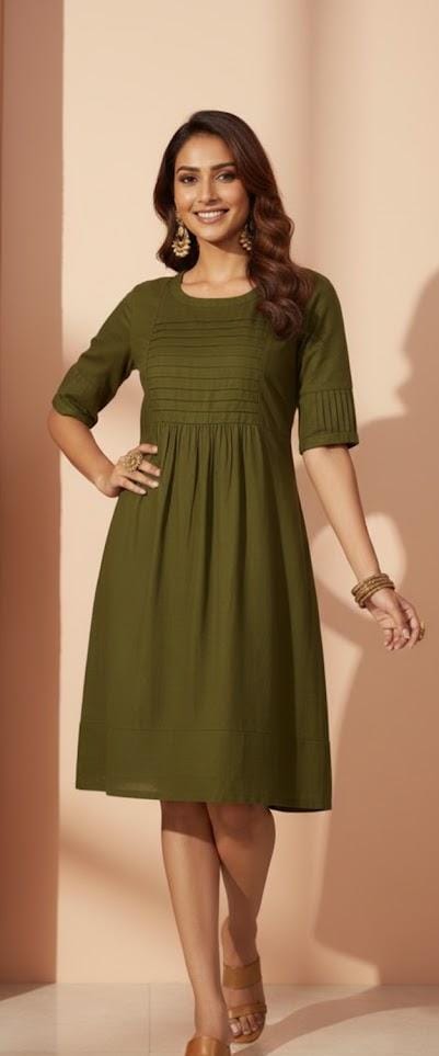 Pleated Detail Mid Sleeve Dress