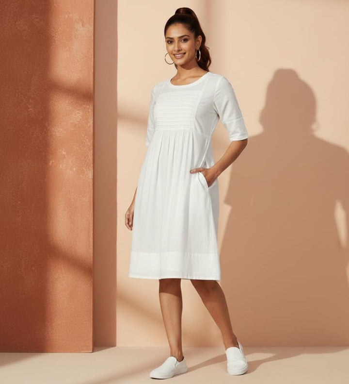 Pleated Detail Mid Sleeve Dress