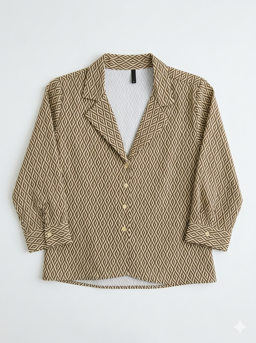Button-down shirt blouse with a notched collar lapel and cuffed sleeves