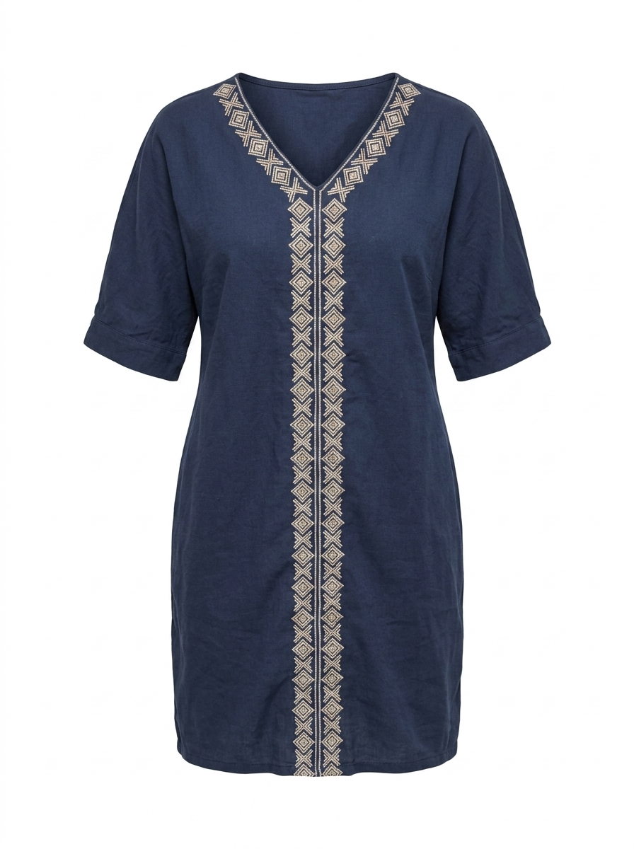 Embroidered linen shift dress