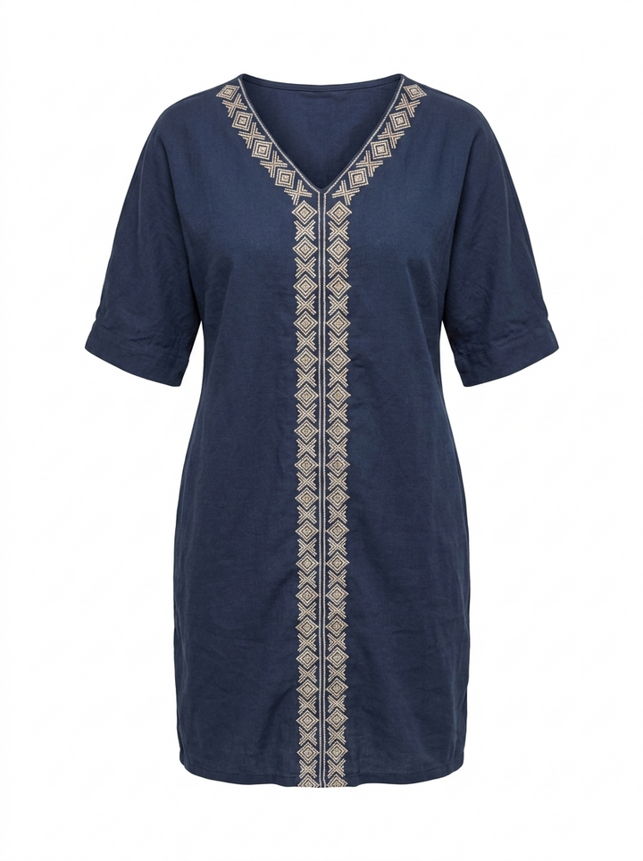 Embroidered linen shift dress