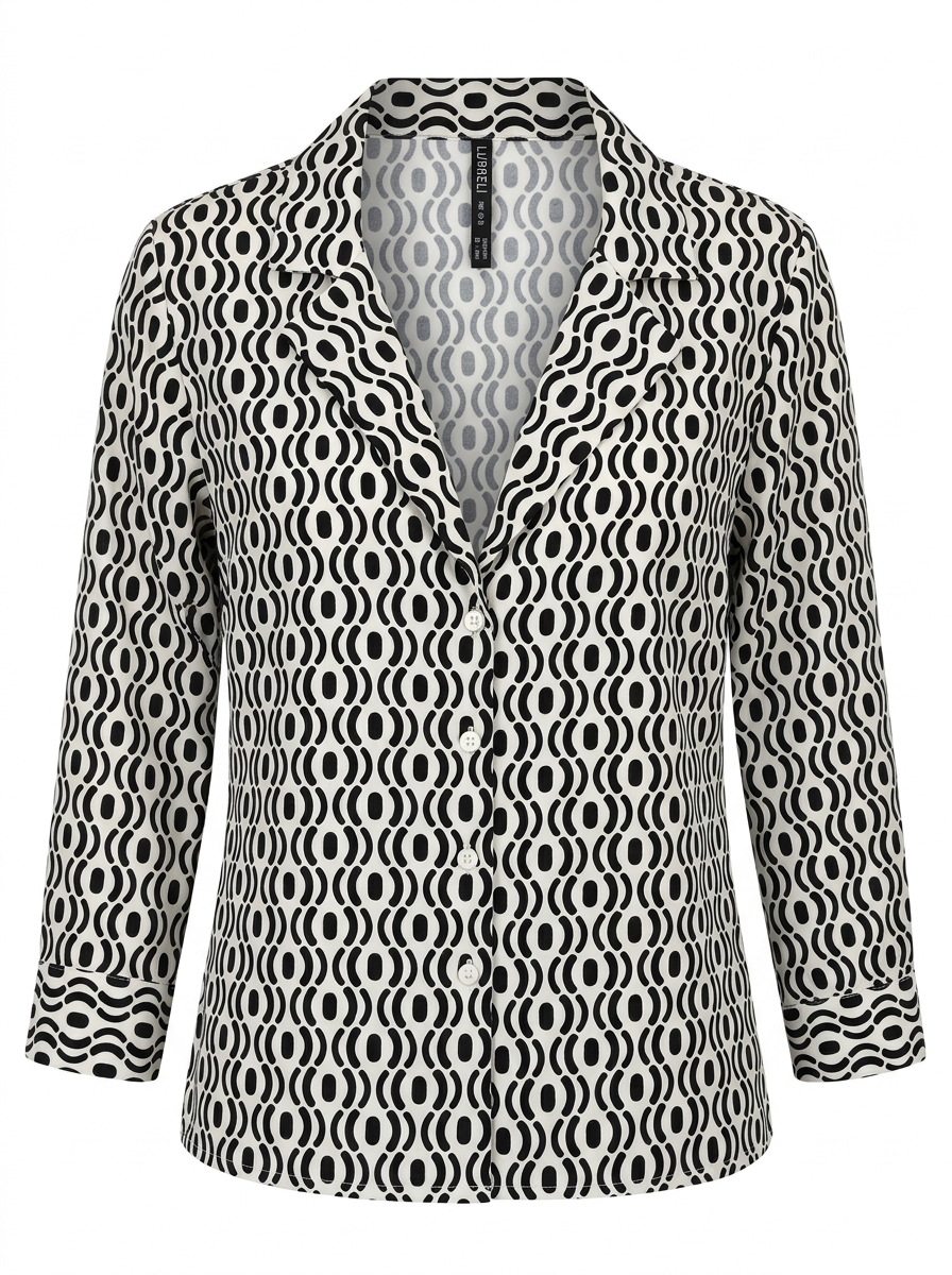Button-down shirt blouse with a notched collar lapel and cuffed sleeves