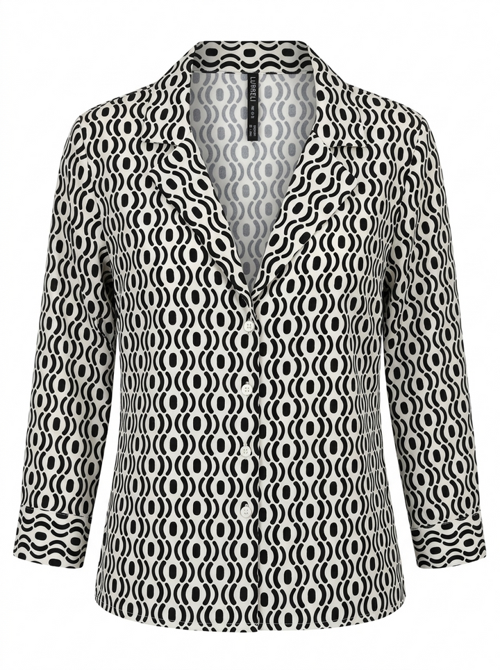 Button-down shirt blouse with a notched collar lapel and cuffed sleeves