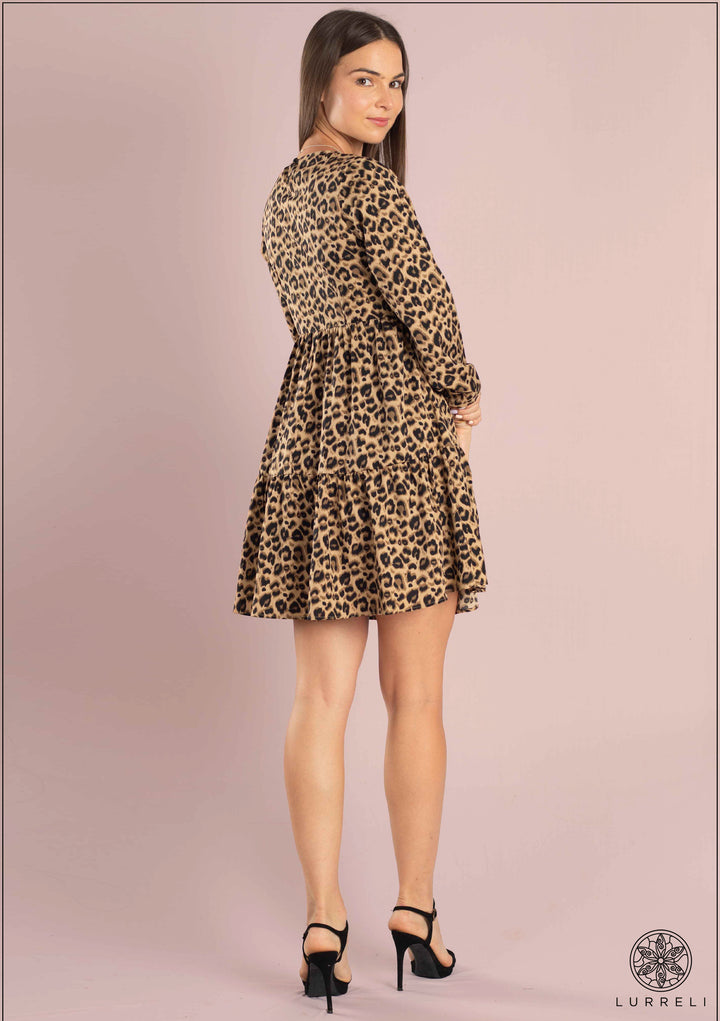 Leopard Print Keyhole Back Ruffle Hem Smock Dress