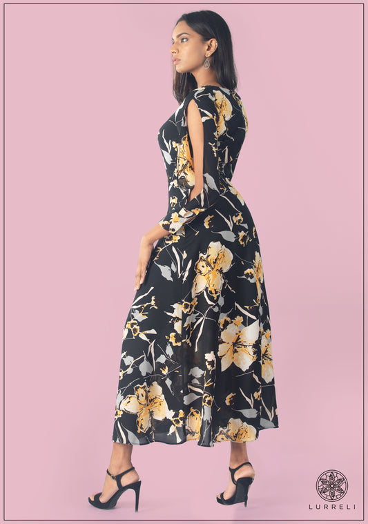 Cut Sleeve Printed Maxi Dress
