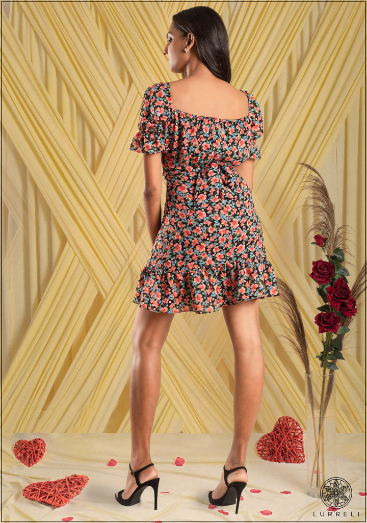 Floral Print Ruched Bust Tie Back Ruffle Hem Dress